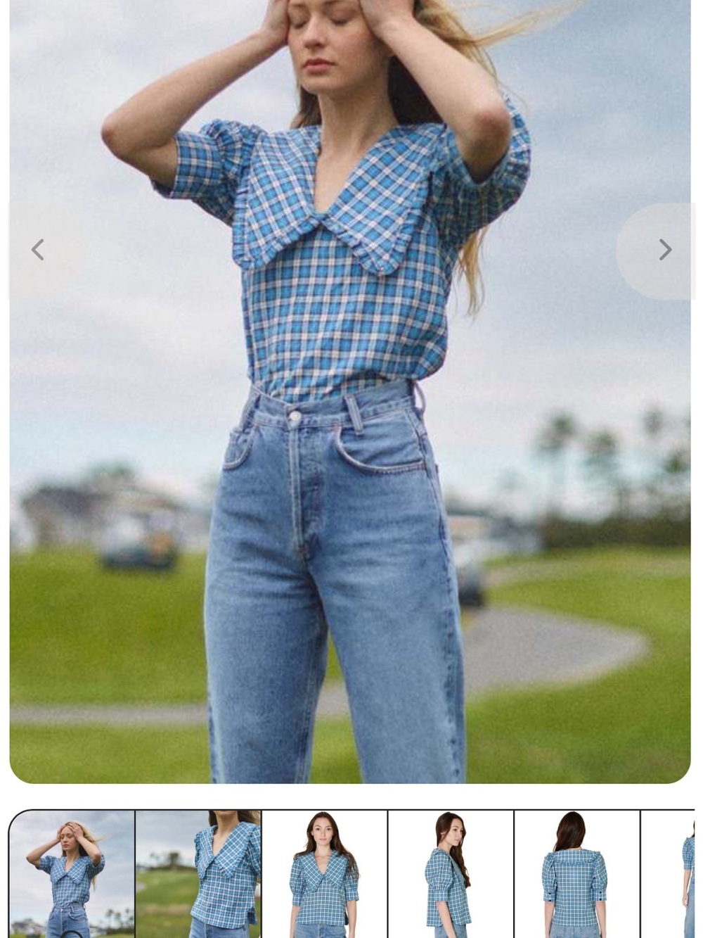 GANNI
SEERSUCKER V-NECK BLOUSE - CHECK AZURE BLUE